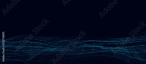 Abstract technology wave of particles. Big data visualization. Background with motion dots. Artificial intelligence.