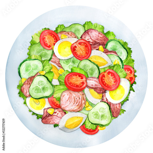 Salad with tuna and vegetables watercolor
