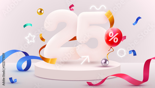 25 percent Off. Discount creative composition. 3d sale symbol with decorative objects, balloons, golden confetti, podium and gift box. Sale banner and poster.