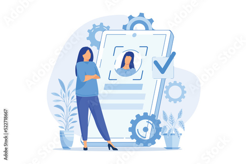 Verification technologies Verification process, data access, user password, social media account, iris scan, facial recognition, security flat design modern illustration