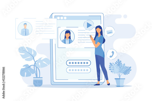 Registration page, name and password field, fill in form, menu bar, corporate website, create account, user information flat design modern illustration