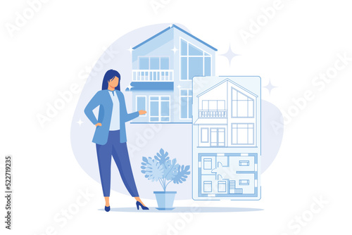 Real estate floor plan online services, real estate marketing, house listing, interactive property layout, virtual staging flat design modern illustration