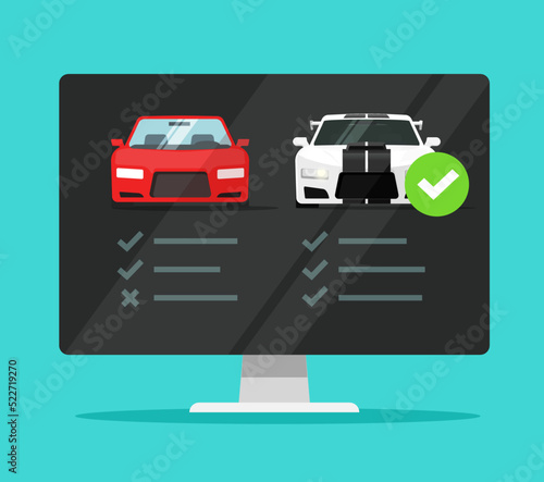 Car vehicle compare shop review vector or automobile comparison check list for rent or buy purchase service on online internet store, digital pc auction and auto history details information report