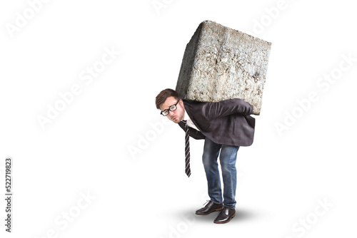 Businessman burdened by a large stone on the back