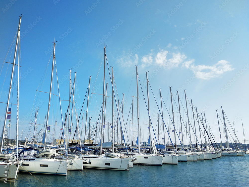 Sailing  yachts are lined up in the marina on a sunny day