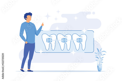 Dental procedure, braces correction method, crowded teeth treatment, orthodontic problem, teeth aligner and retainer, bracket flat design modern illustration