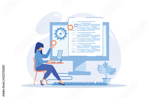 Back end development Software development process, computer application, program code, programming language. Writing API and interface code flat design modern illustration