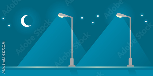 Streetlight lamp pole illumination at night time in the park with moon stars on blue background banner flat icon vector design.