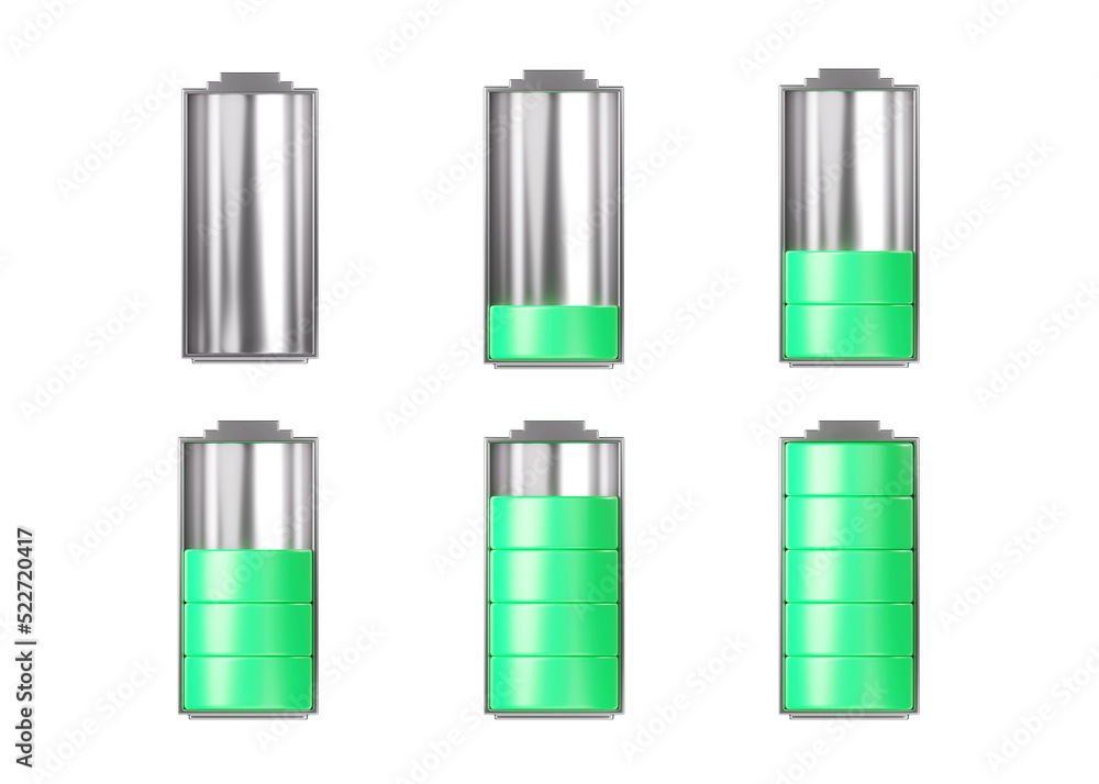 Battery 3d icon - electric full, low and empty capacity, energy storage. Power charge, lithium accumulator set Battery 3d icon - electric full, low and empty capacity, energy storage. Power charge, lithium accumulator set