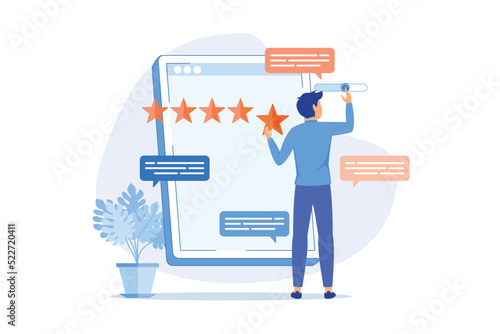 User feedback and website rating Customer feedback, review website, non commercial product evaluation, rating service, sharing experience flat design modern illustration
