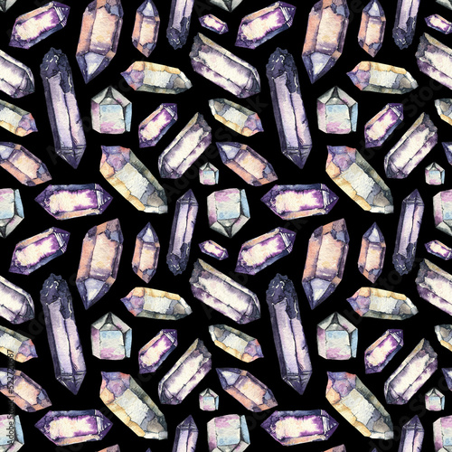 Seamless pattern with watercolor crystals. Magic mineral quartz