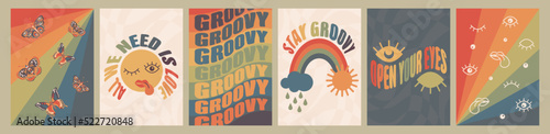 Retro set 70s 60s groovy posters, retro hippie elements. Cartoon psychedelic landscape with butterfly groovy, eyes, rainbow, sun and cloud. Vintage funky phrase all we need is love, stay groovy 