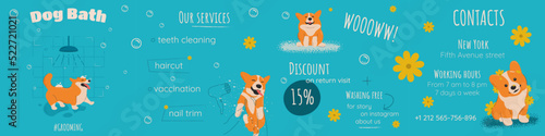 Carousel for Instagram for grooming salon with character. Vector illustration of dog. Dog breed Corgi. Grooming, veterinary clinic