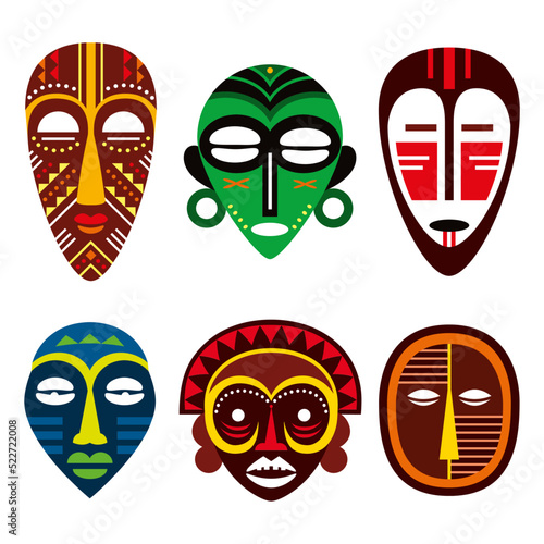 African tribal vector mask colorful design set, ritual ethnic masks collection, native decoration
