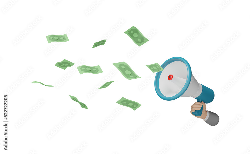 businessman hand hold megaphone, hand speaker with banknote isolated. business finance, banking, investment concept, 3d illustration, 3d render businessman hand hold megaphone, hand speaker with banknote isolated. business finance, banking, investment concept, 3d illustration, 3d render