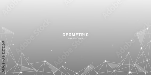 Geometric abstract background. Connected lines and dots, triangles on a gray background. Molecular structure and connection. Science, medicine, technology concept. Vector illustration.