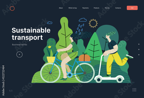Ecology - Sustainable transport -Modern flat vector concept illustration of a young woman ridyng bycycle and a man on the scooter. Ecological transport metaphor. Creative landing web page template