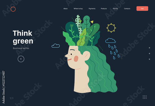 Ecology - Think green -Modern flat vector concept illustration of a young woman's head planted with trees and flowers, a metaphor of sustainable thinking. Creative landing web page template