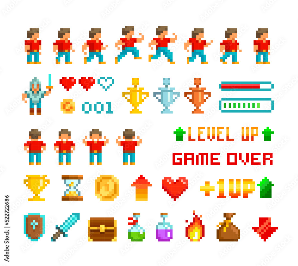 Pixel Art loot icons and interface elements in 8-bit Retro Game style.  Level up with character animation game design. Retro 80s - 90s style video  game design. Isolated vector template Stock Vector |