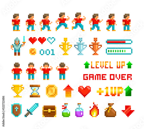 Pixel Art loot icons and interface elements in 8-bit Retro Game style. Level up with character animation game design. Retro 80s - 90s style video game design. Isolated vector template