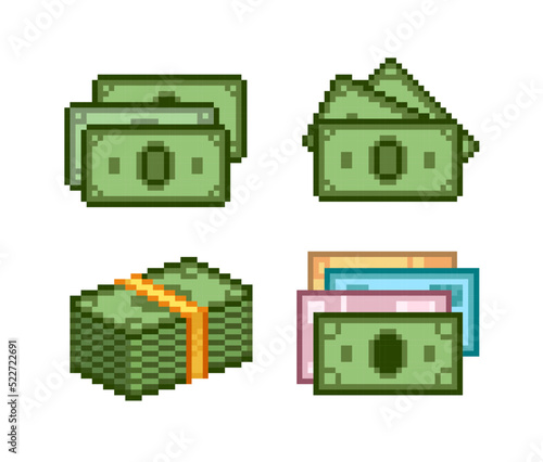 Pixel Art Cash Money vector icon set in 8bit style. Pixel stack of banknotes, currency, cash money. Video game money icons in retro 80s - 90s style. Editable vector illustration