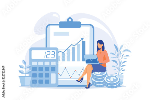 Woman accountant Statement analysis, budget planning, bookkeeping operation, financial audit. Woman working on income statistics. flat design modern illustration
