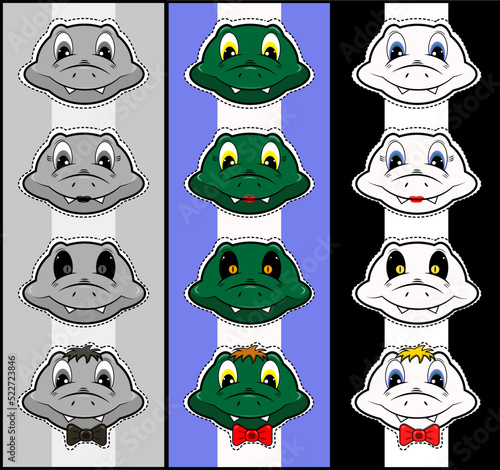 Cartoon crocodile set of stickers in vector