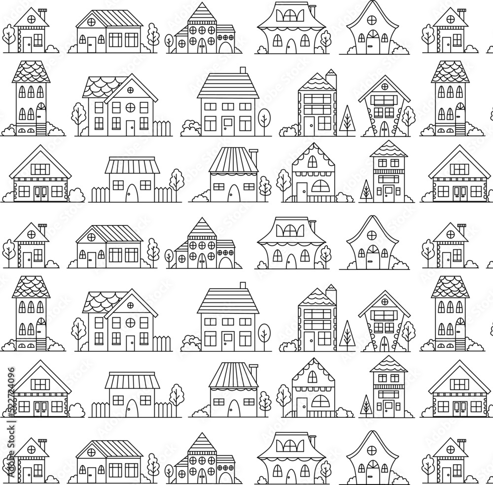 Hand drawn linear houses seamless pattern. Cartoon buildings background