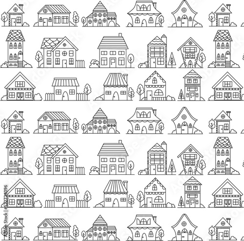 Hand drawn linear houses seamless pattern. Cartoon buildings background