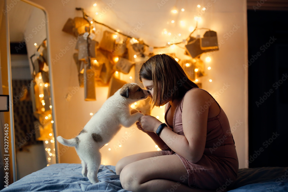 Naklejka premium Cute preteen kid girl with puppy on background of garland