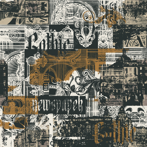 Abstract seamless pattern with chaotic layering of vintage architectural elements and old buildings and gothic letter. Vector background on of ancient architecture and art in creative modern design