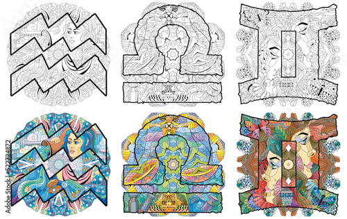 Air Signs Zodiac Libra, Gemini, Aquarius with mandala. Vector zentangle object for coloring. Color and outline set