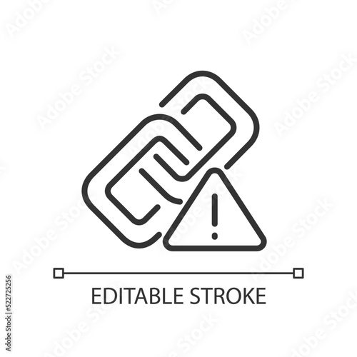 Wrong link pixel perfect linear icon. Broken hyperlink. Damaged connection. Redirecting failure. Thin line illustration. Contour symbol. Vector outline drawing. Editable stroke. Arial font used