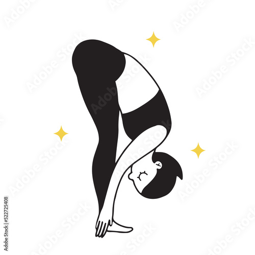 Hand drawn in line woman making a back stretch by bending down, yoga asana vector illustration isolated on white