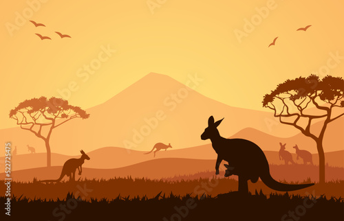 Australian Landscape Illustration Vector Design. Kangaroo In Savannah Illustration Art. Best australian landscape design for print  digital or other design needs.