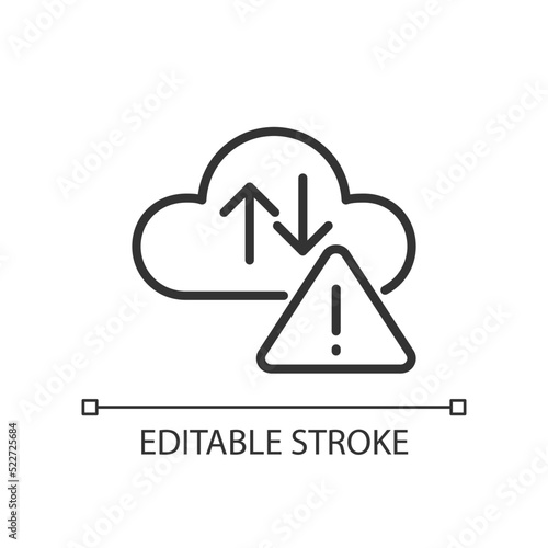 Cloud error pixel perfect linear icon. Internet storage capacity. Upload and download issue. Thin line illustration. Contour symbol. Vector outline drawing. Editable stroke. Arial font used