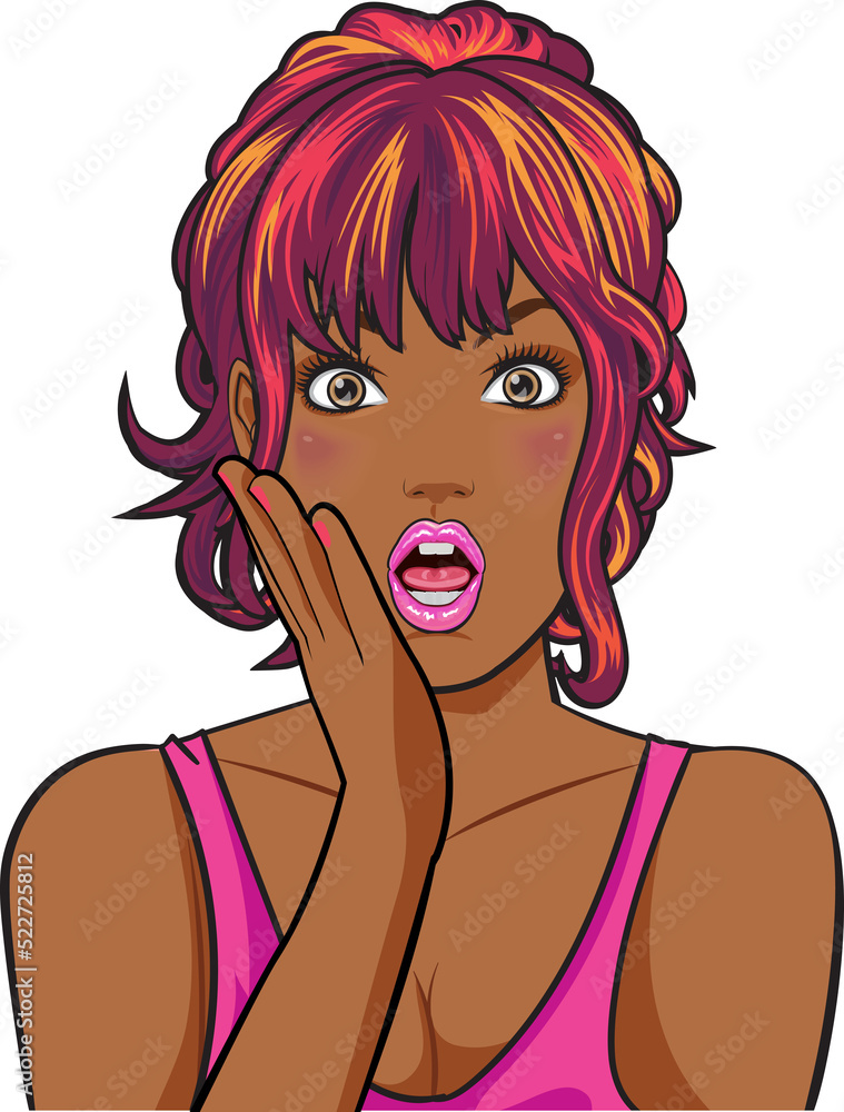 surprised black woman face in pop art comics style characters in various activities