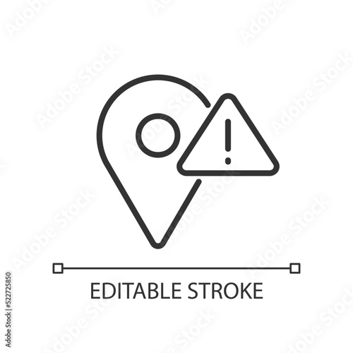 Location error pixel perfect linear icon. Navigation system failure. Can not find destination point. Thin line illustration. Contour symbol. Vector outline drawing. Editable stroke. Arial font used
