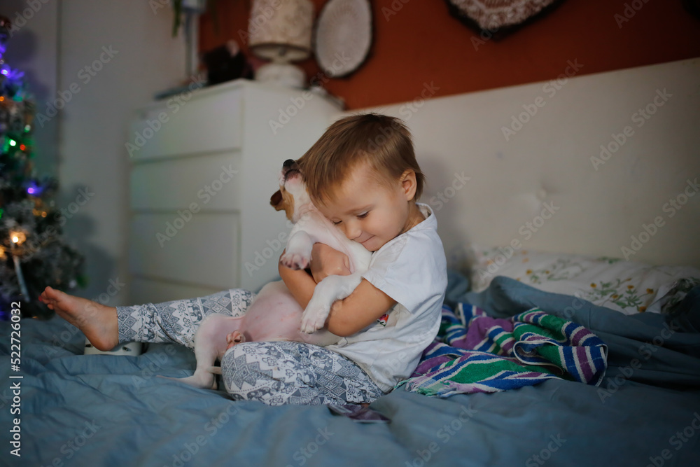 Fototapeta premium Cute toddler kid girl with puppy on background of garland and christmas tree