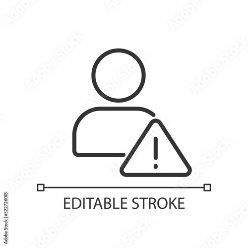 Unknown user warning pixel perfect linear icon. Unidentified internet user. Access denied. Thin line illustration. Contour symbol. Vector outline drawing. Editable stroke. Arial font used