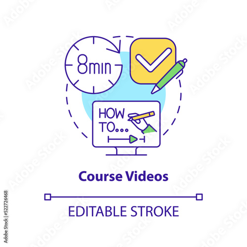 Course videos concept icon. Recorded lecture. Key information. Online tutorials type abstract idea thin line illustration. Isolated outline drawing. Editable stroke. Arial, Myriad Pro-Bold fonts used