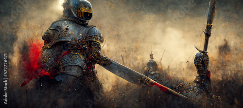 Fotografia a medieval knight with his sword leapt into the fight Digital Art Illustration P