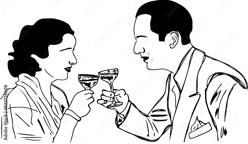 Cheers with wine glass sketch drawing stock images, Line art illustration vector silhouette of man and woman doing cheers with wine glasses Cheers with wine glass sketch drawing stock images, Line art illustration vector silhouette of man and woman doing cheers with wine glasses