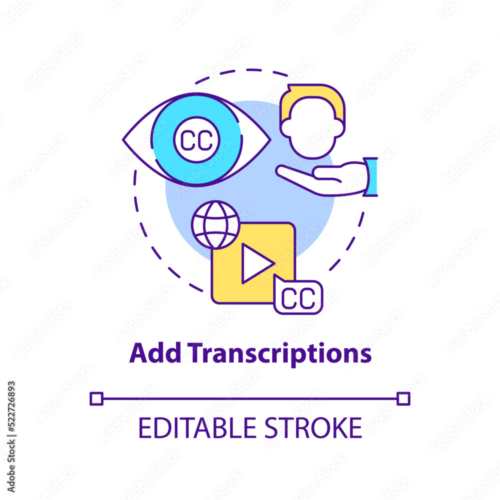 Add transcriptions concept icon. Subtitles. Sales online training videos abstract idea thin line illustration. Isolated outline drawing. Editable stroke. Arial, Myriad Pro-Bold fonts used Add transcriptions concept icon. Subtitles. Sales online training videos abstract idea thin line illustration. Isolated outline drawing. Editable stroke. Arial, Myriad Pro-Bold fonts used
