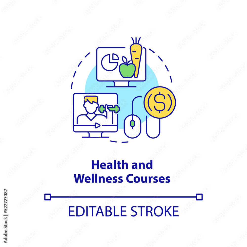 Health and wellness courses concept icon. Fitness and nutrition. Online tutorial idea abstract idea thin line illustration. Isolated outline drawing. Editable stroke. Arial, Myriad Pro-Bold fonts used Health and wellness courses concept icon. Fitness and nutrition. Online tutorial idea abstract idea thin line illustration. Isolated outline drawing. Editable stroke. Arial, Myriad Pro-Bold fonts used