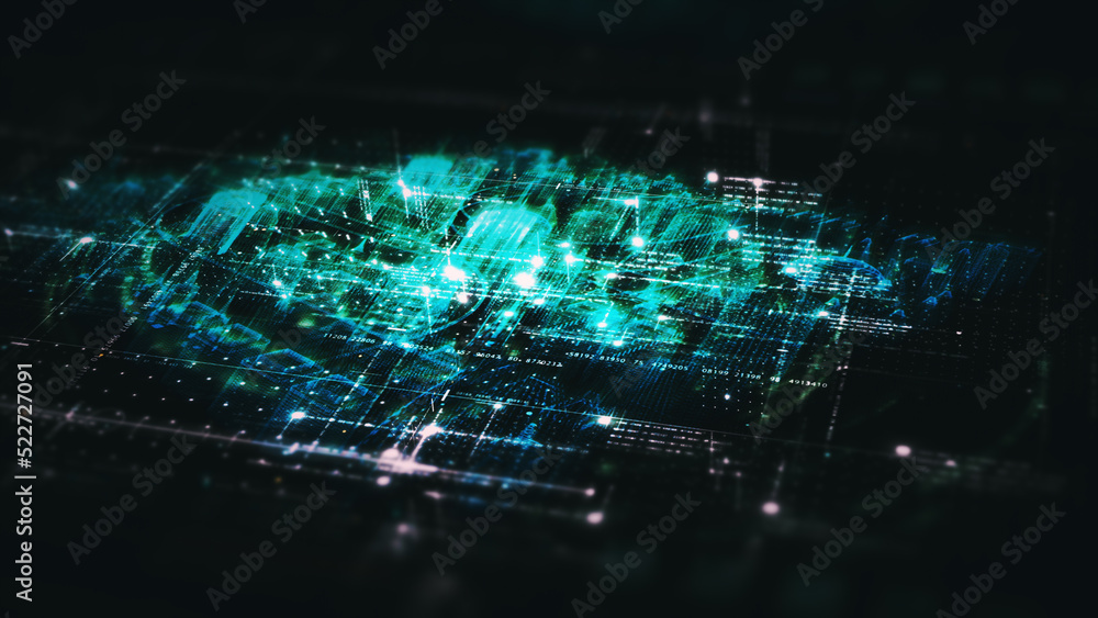 Advance digital generated motion abstract matrix cyber environment big data analytic artificial intelligent metaverse simulation, head up display background