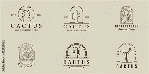 set of cactus line art logo vector simple minimalist illustration template icon graphic design. bundle collection of various botanical at desert sign or symbol environment with badge typography