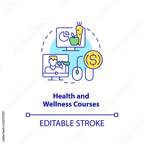 Fototapeta Naklejka Na Ścianę i Meble -  Health and wellness courses concept icon. Fitness and nutrition. Online tutorial idea abstract idea thin line illustration. Isolated outline drawing. Editable stroke. Arial, Myriad Pro-Bold fonts used