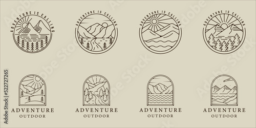 set of mountain and lake logo line art vector simple minimalist illustration template icon graphic design. bundle collection of various adventure and outdoors sign or symbol for travel business