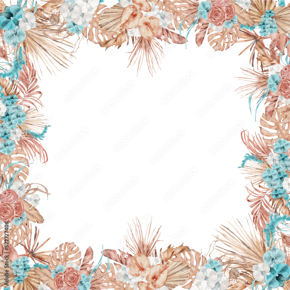 Watercolor tropical frame with dried palm leaves and flowers Hand-painted exotic illustration Watercolor tropical frame with dried palm leaves and flowers Hand-painted exotic illustration